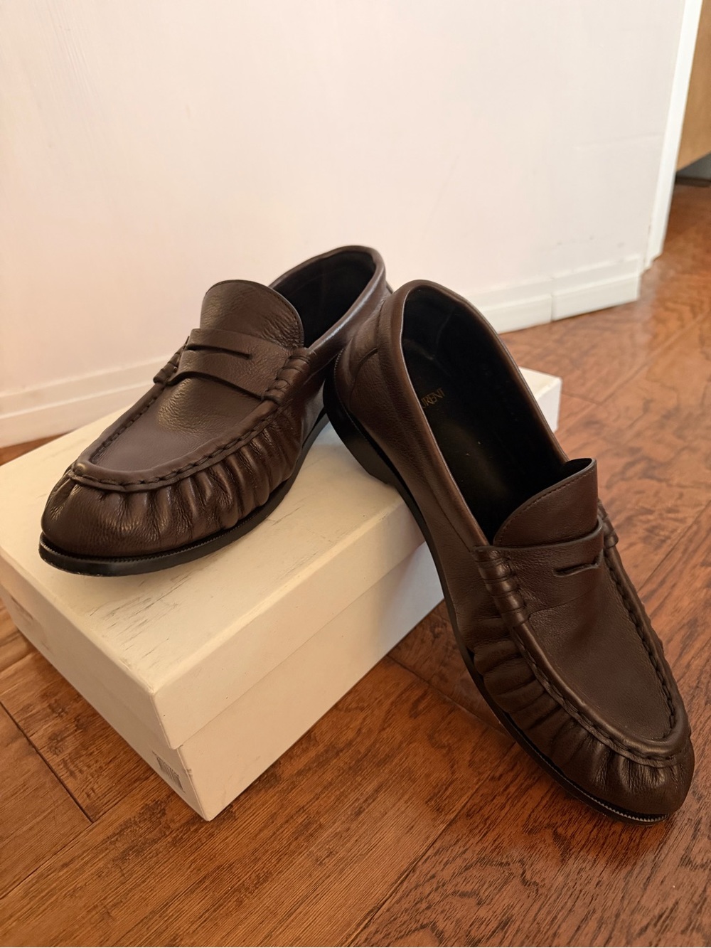 Saint Laurent YSL Brown Leather Ruched Penny Loafers 39.5
